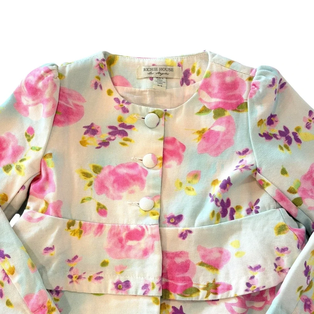 Richie House Girls Floral Tiered Jacket Pink Roses Cotton Size 3/4 Spring Easter